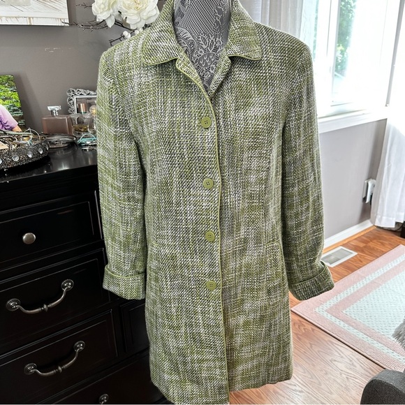 Dialogue Olive Houndstooth Tweed Trench Coat Size 10 - Picture 2 of 16